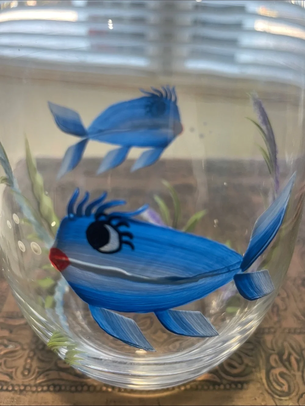 Hand-Painted Blue Fish Stemless Glass - Decorative Aquatic Accent